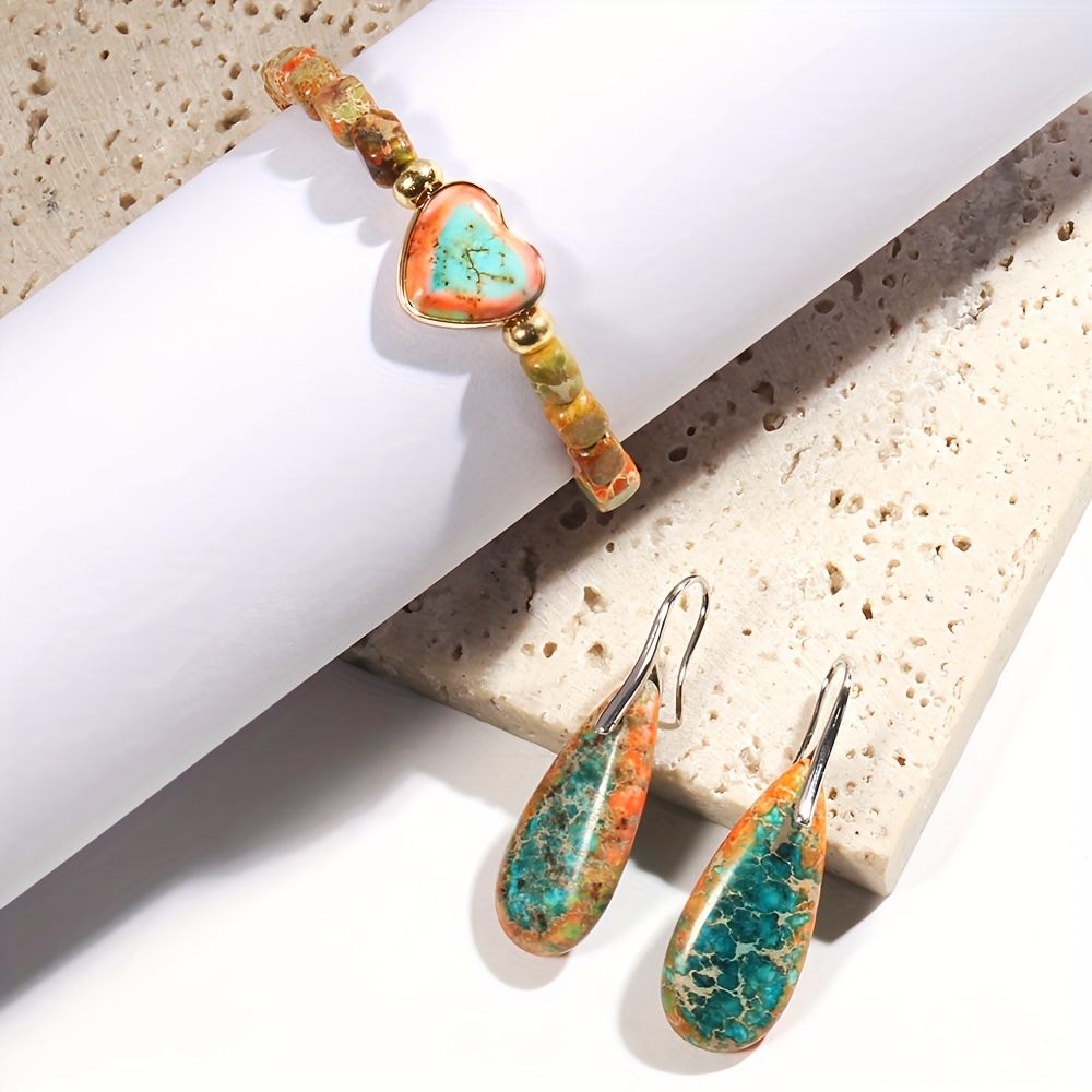 Boho Stone Beaded Jewelry Set Heart Teardrop Earrings Bracelet Gift for Mother